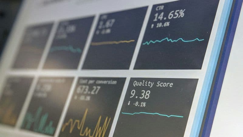 A marketing analytics dashboard on a monitor showing click-through rate, cost per conversion, and quality score metrics