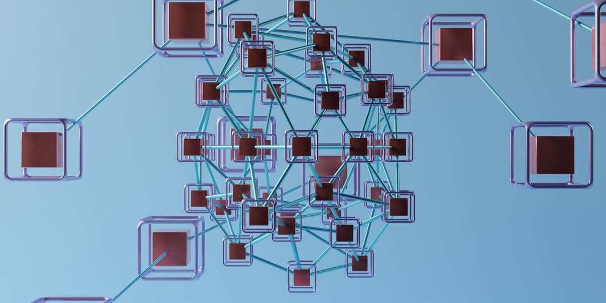 Abstract 3D network of interconnected nodes forming a hub-and-spoke topic cluster, illustrating SEO content mapped across buyer journey stages