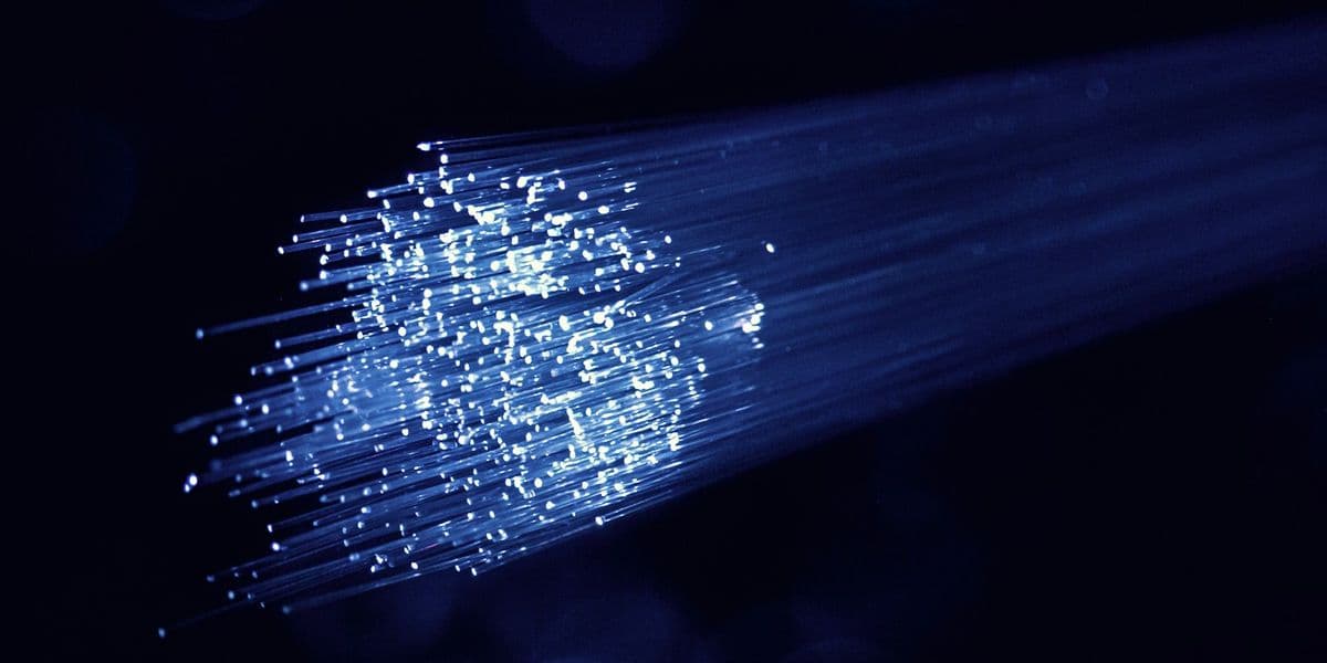 Blue and white fiber optic network cables in a data center transmitting data