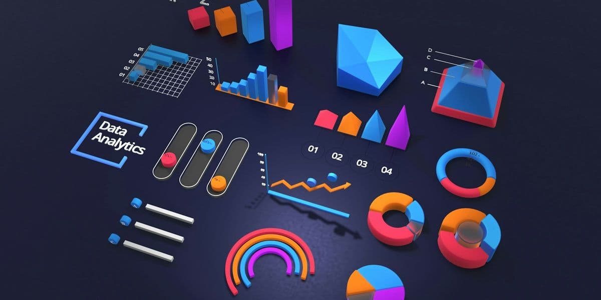 Modular 3D data-analytics dashboard widgets — charts, dials, and toggles arranged as interchangeable components on a dark background