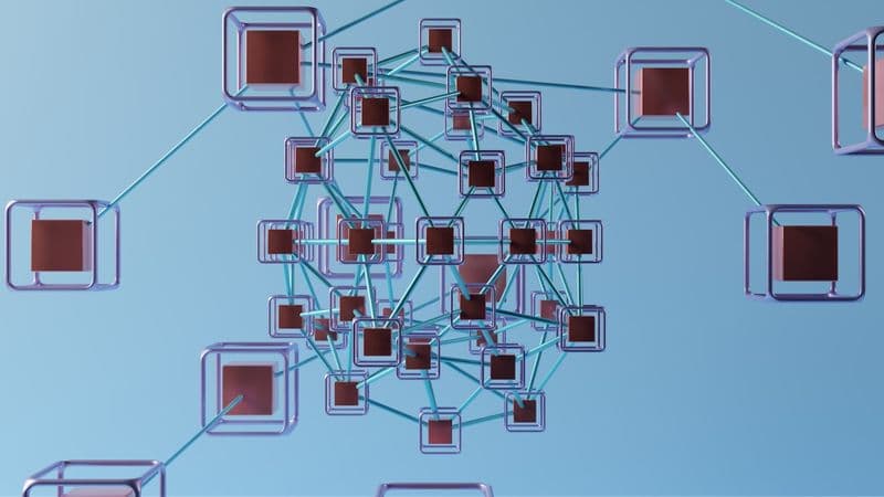 Abstract 3D network of interconnected nodes forming a hub-and-spoke topic cluster, illustrating SEO content mapped across buyer journey stages