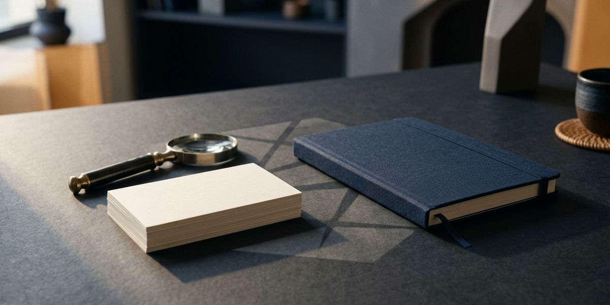 Blank evidence cards, a closed notebook, and a magnifying glass on a desk