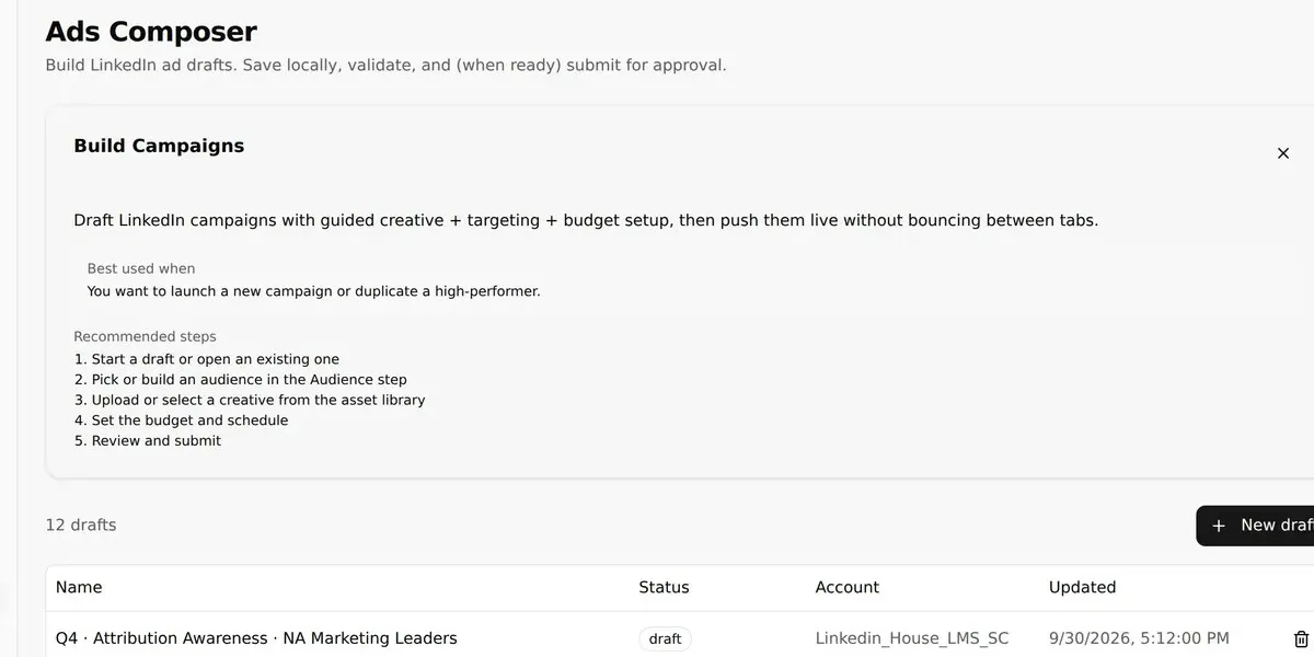 Ads Composer Draft List and Workflow Statuses product screenshot