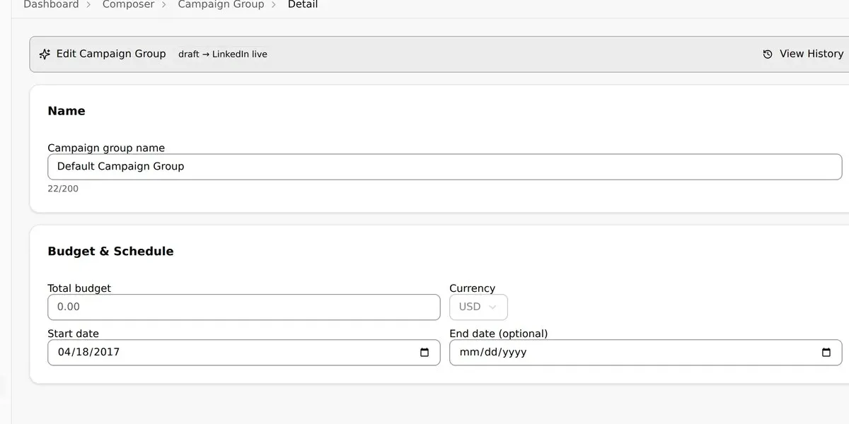 Edit a LinkedIn Campaign Group product screenshot