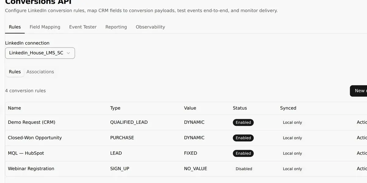 LinkedIn Conversions API Overview product screenshot