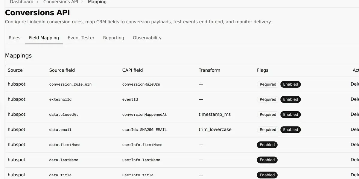 Map CRM Fields to LinkedIn CAPI Events product screenshot