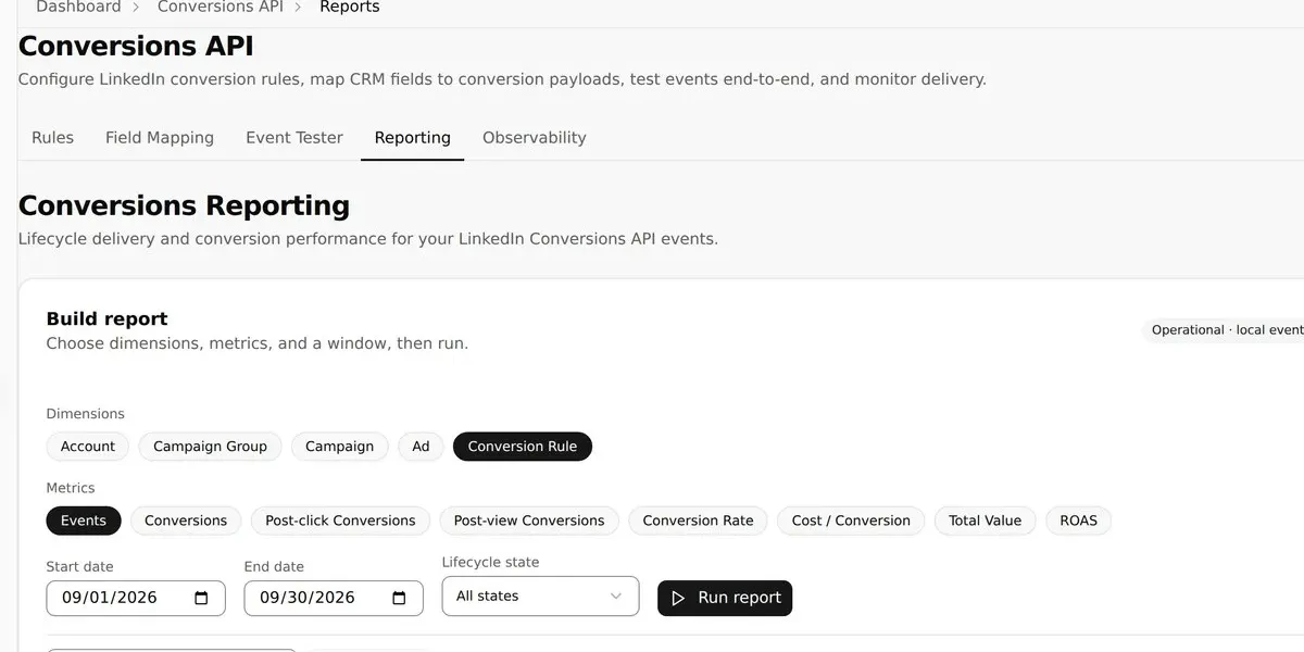 Build Conversions API Reports product screenshot