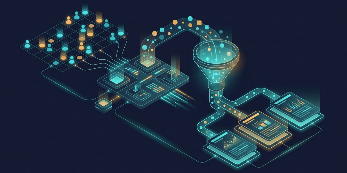Abstract CRM audience quality-control funnel with segmented data nodes on a dark navy background