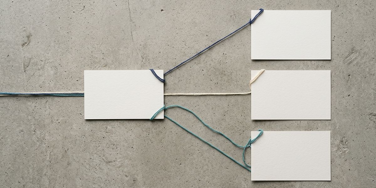 Blank index cards connected by colored thread in a branching content distribution route