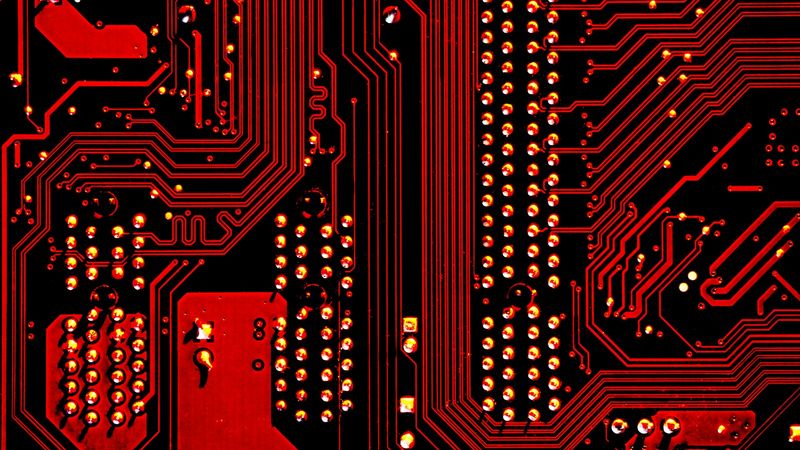 Macro view of red and black circuit board traces and solder points