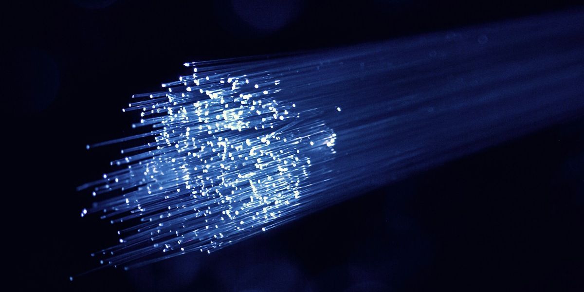 Blue fiber-optic cables carrying data through a network