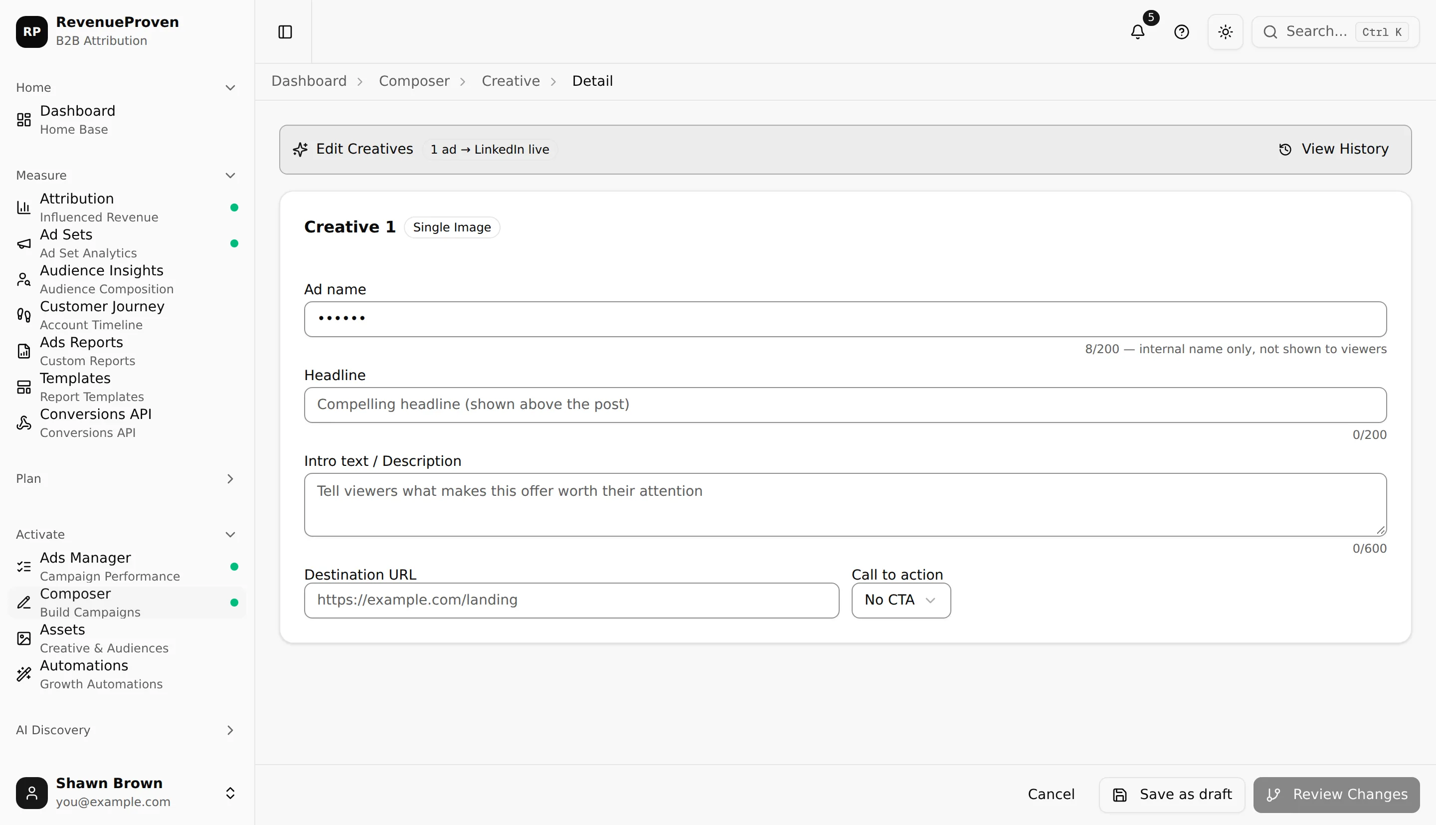 Creative edit draft showing a synced LinkedIn creative in the existing-object editor