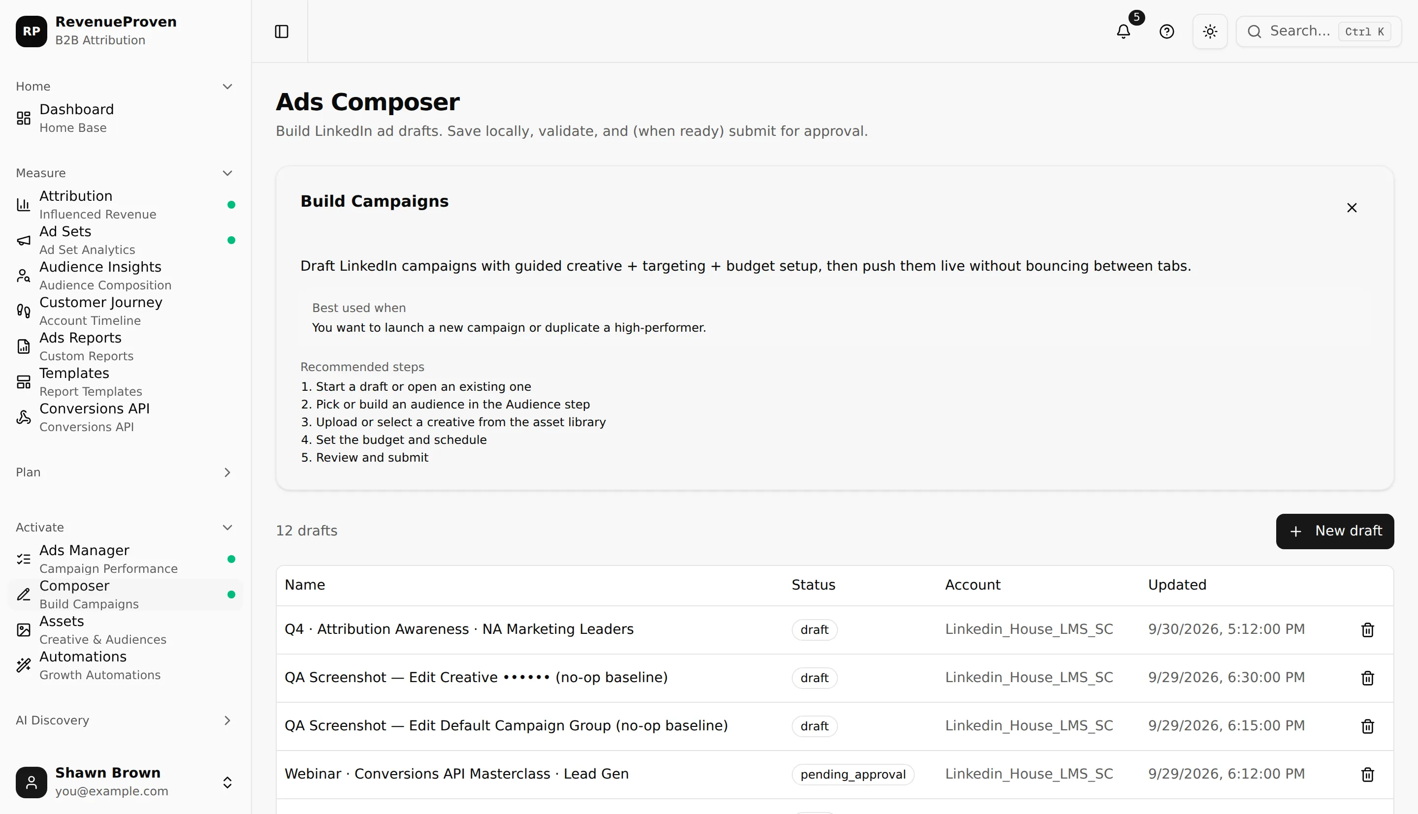 Ads Composer landing page listing saved campaign drafts and their statuses