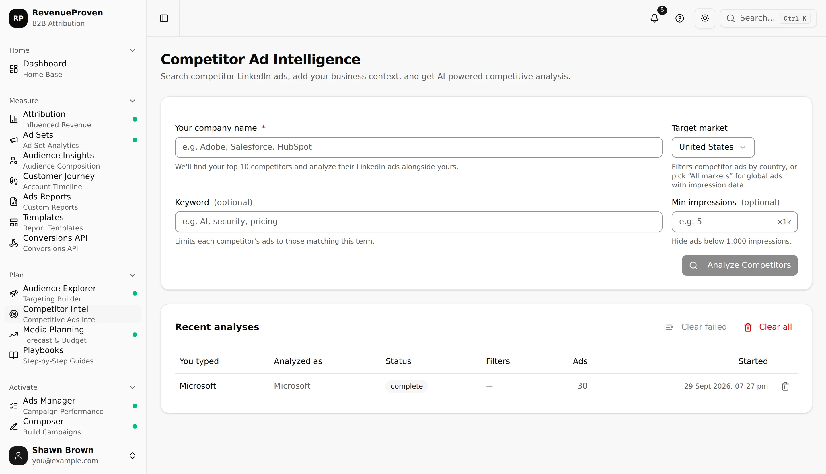 Competitor Intel landing page showing analysis inputs and recent completed analyses