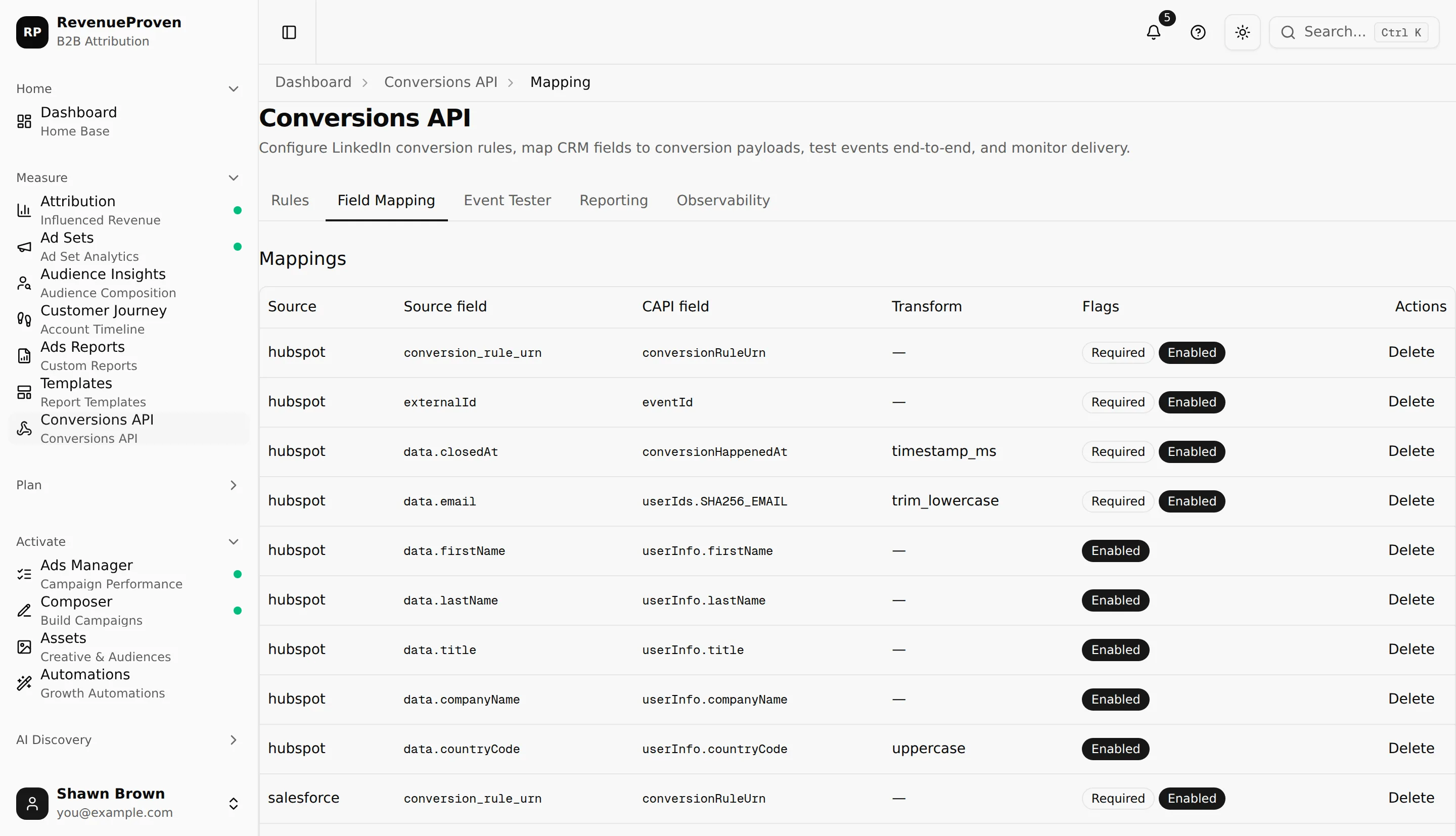 Conversions API field mappings from HubSpot and Salesforce fields into the LinkedIn event contract