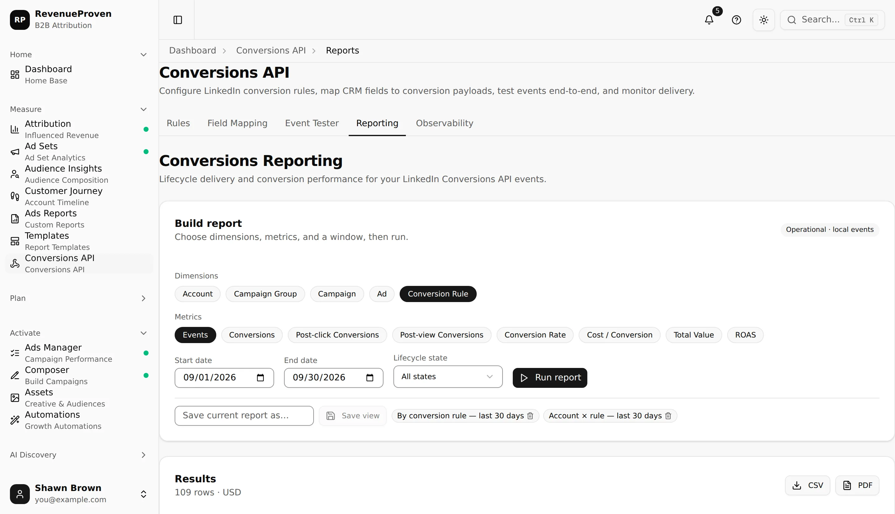 Conversions Reporting page showing report dimensions, metrics, filters, saved views, and event results