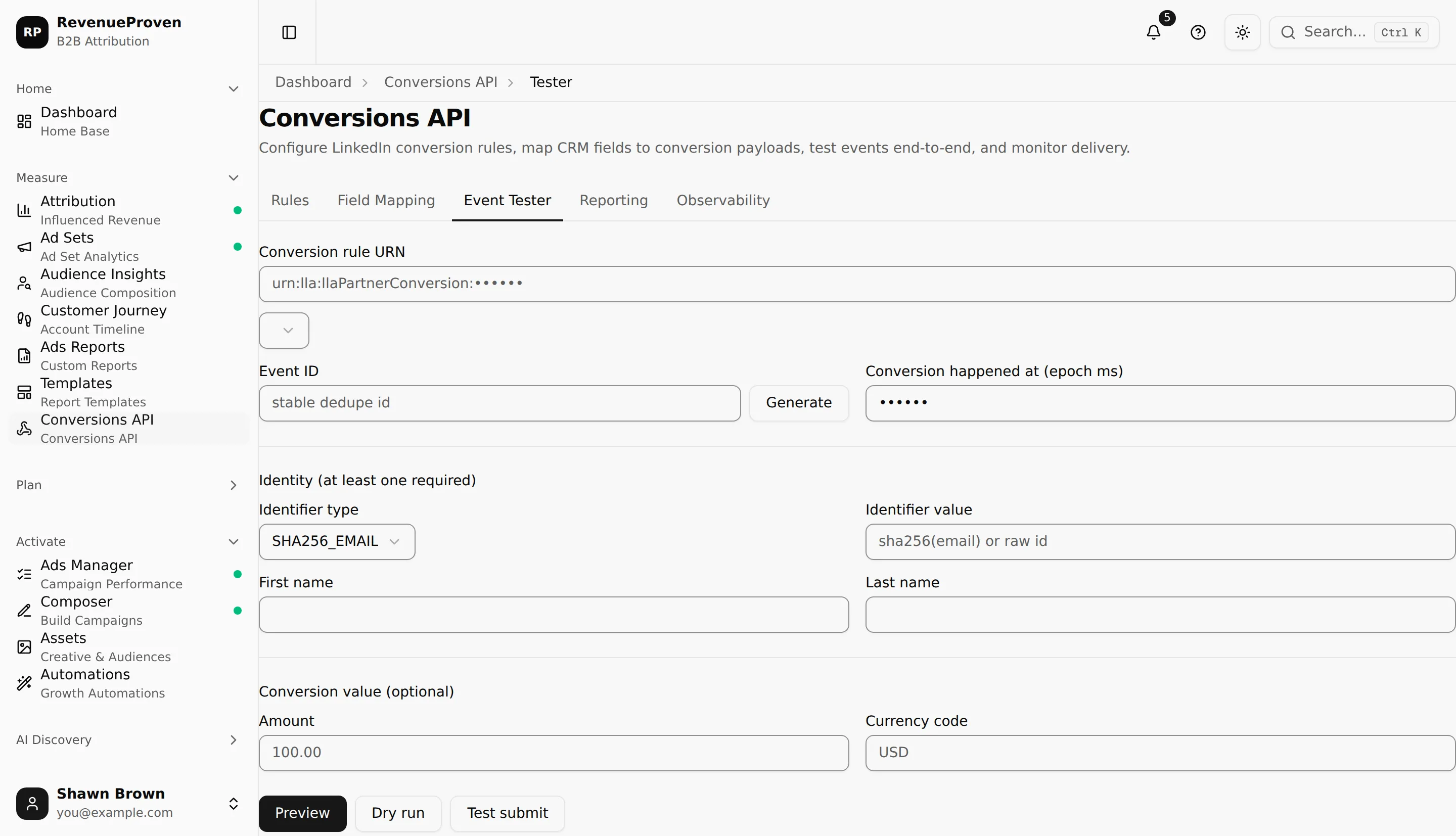 Conversions API Event Tester form with rule, event, identifier, value, and dry-run controls