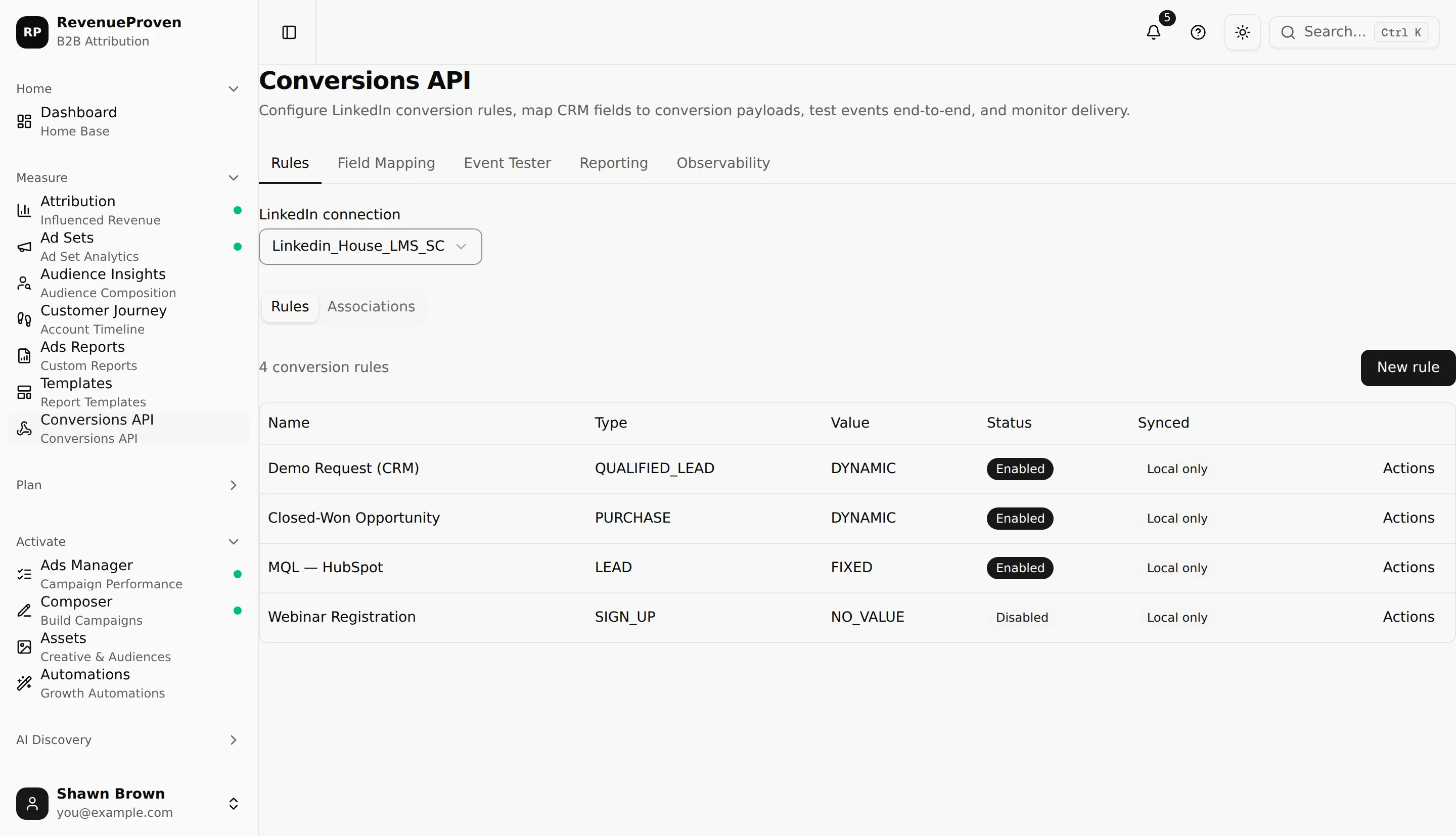 Conversions API Rules page showing local conversion rules, status, value strategy, and LinkedIn sync state