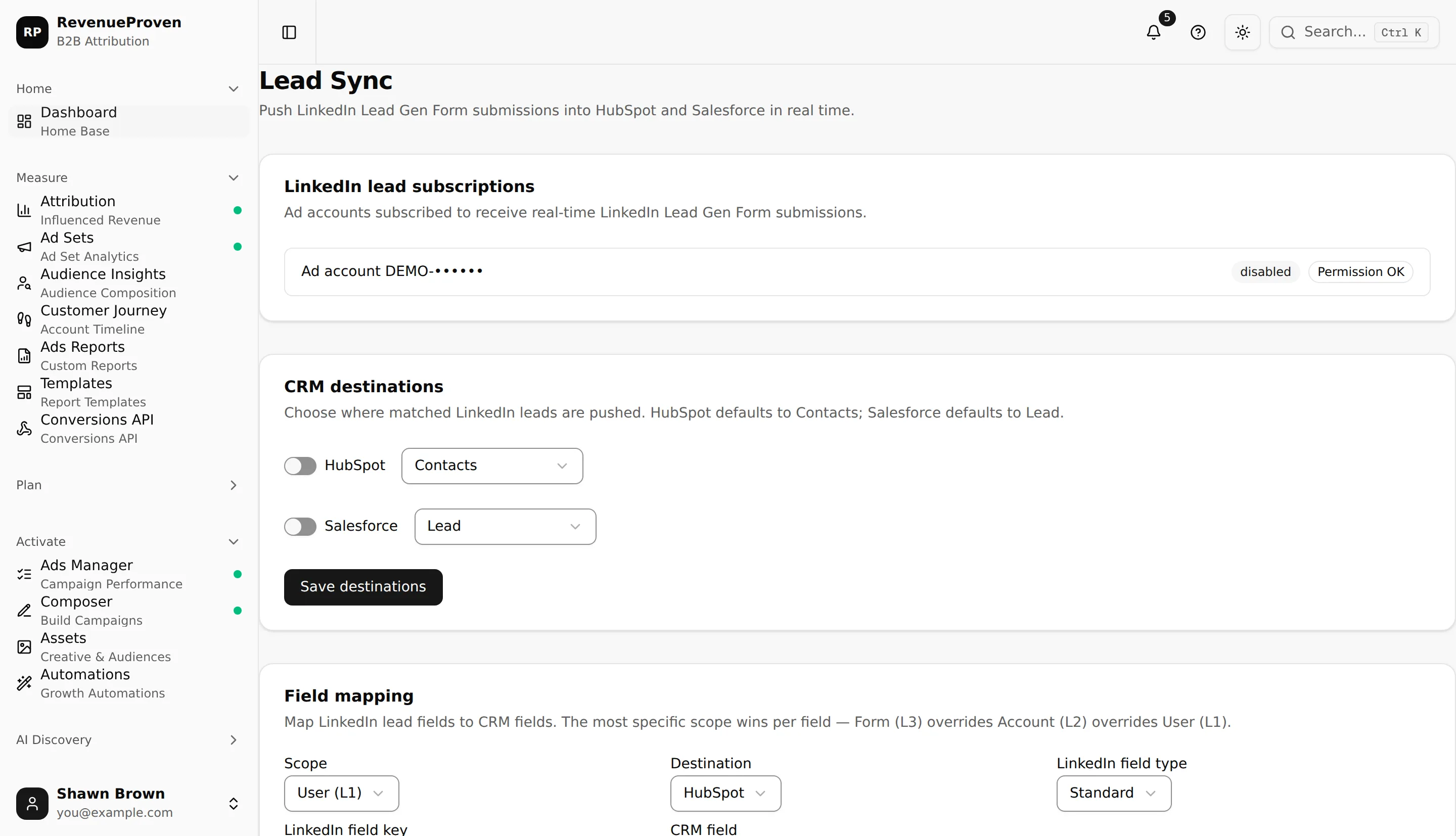 Lead Sync page showing disabled subscription status, CRM destination switches, mappings, and terminal lead history
