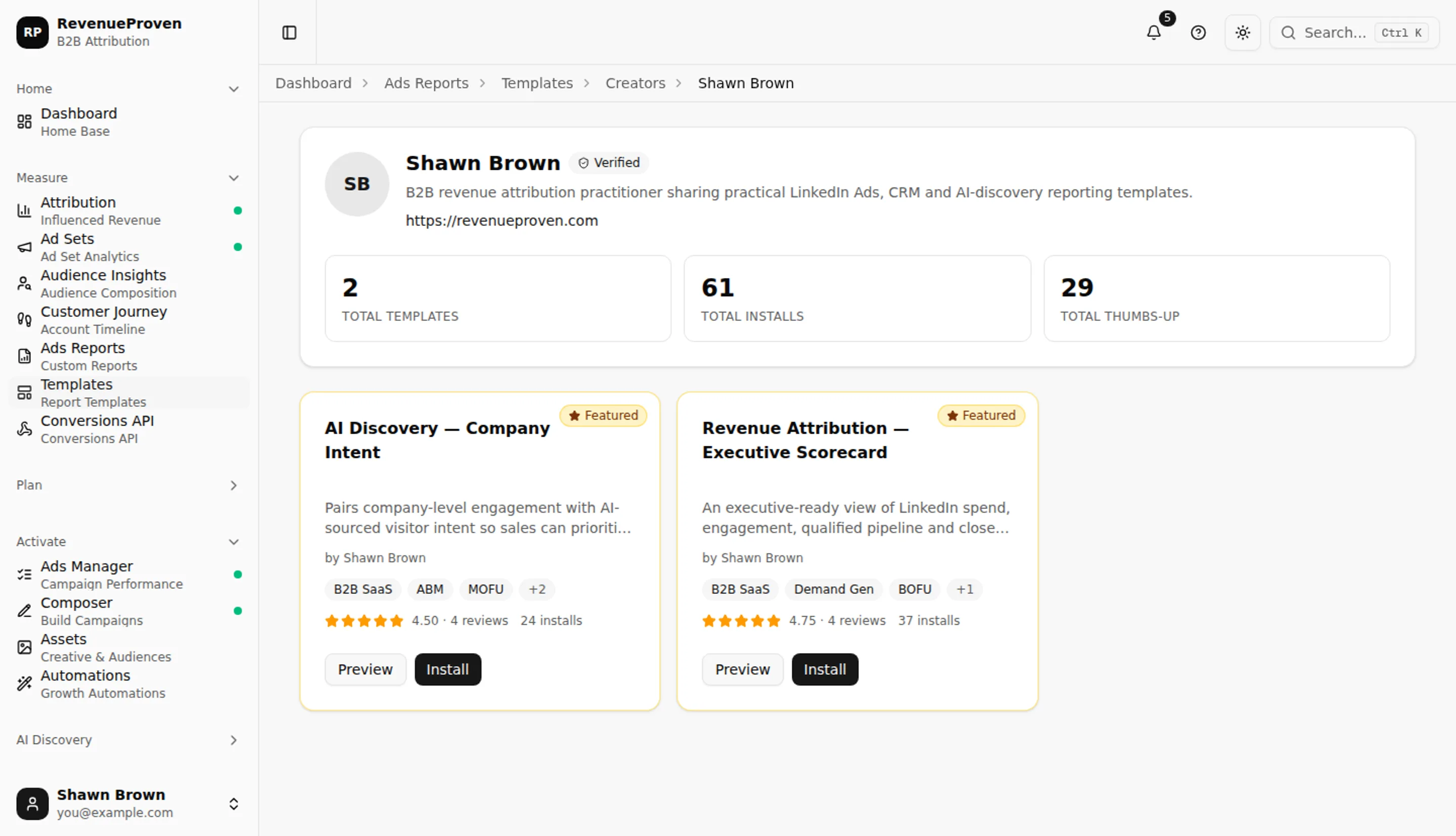 Shawn Brown creator profile showing verified status, published report templates, ratings, installs, and thumbs-up totals