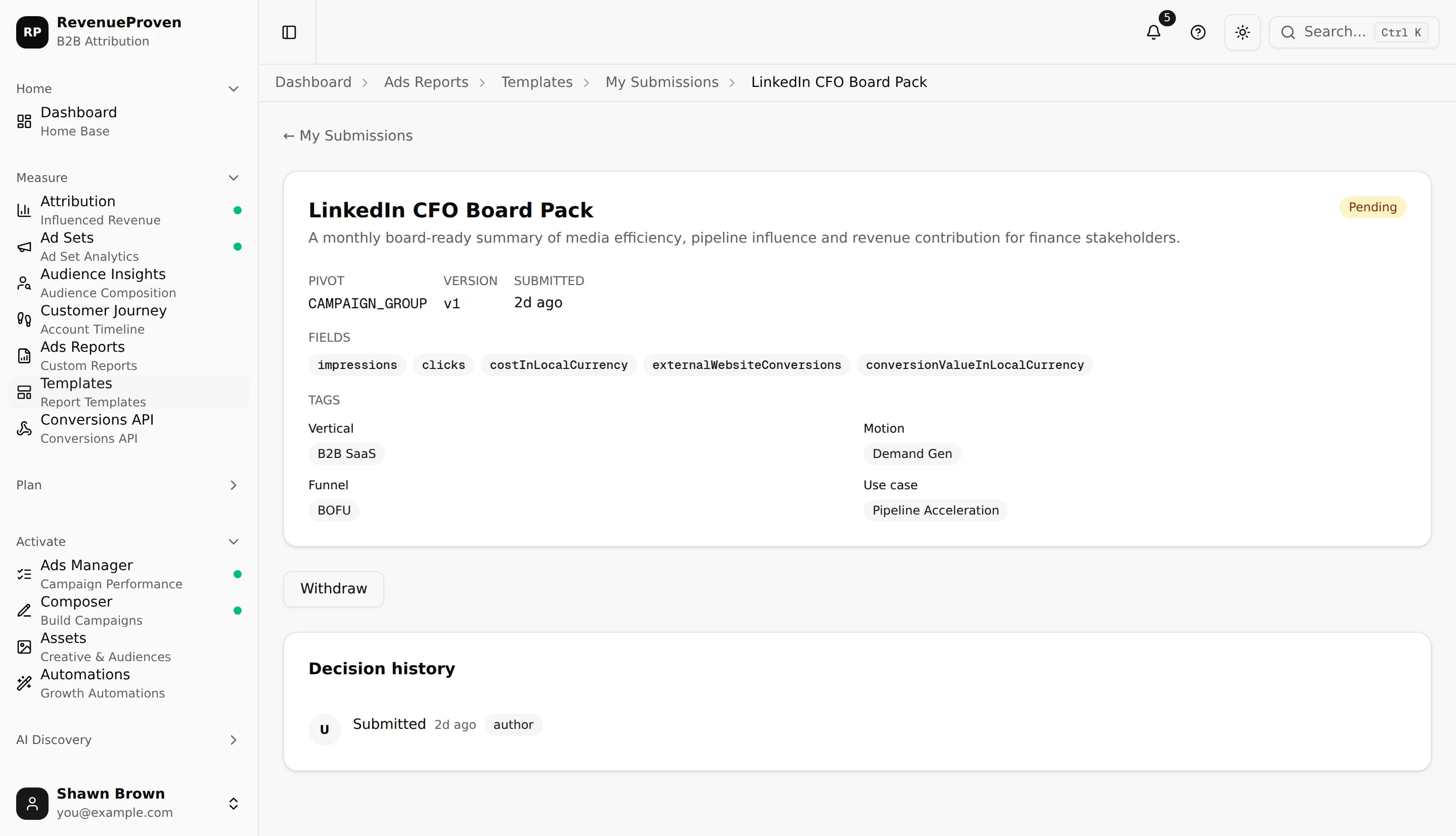 Template submission detail showing metadata, current pending status, and moderation decision history