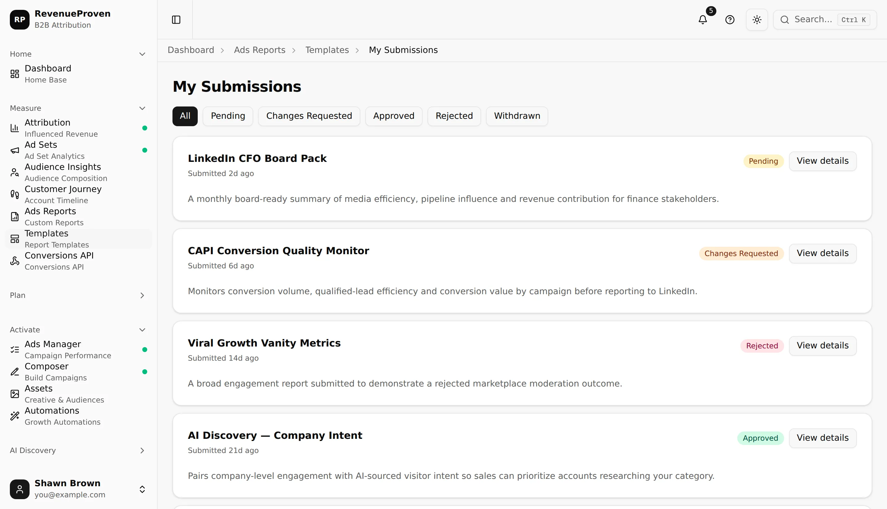 My Submissions page showing approved, pending, changes-requested, and rejected report templates